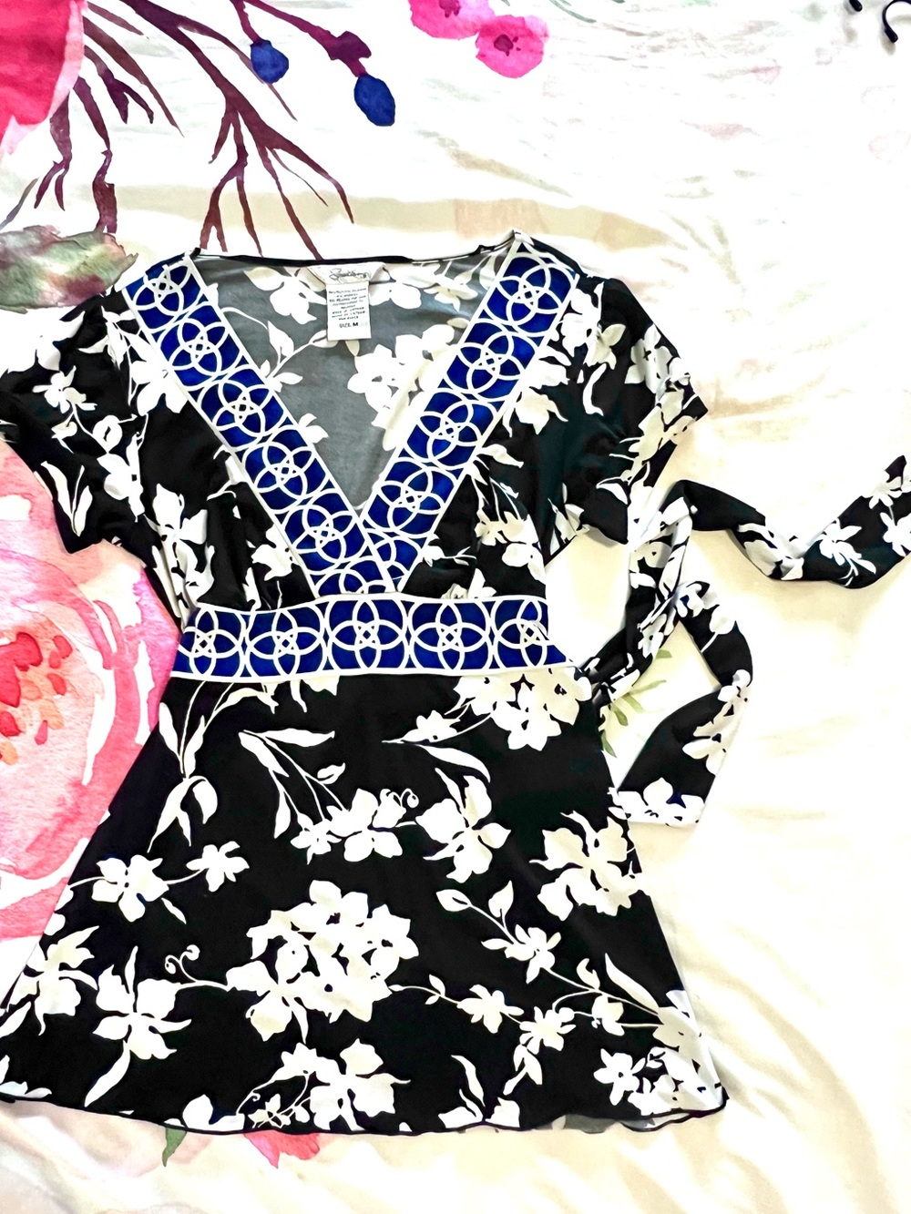 Speechless Black & White Floral Wrap Tunic with Blue Trim
